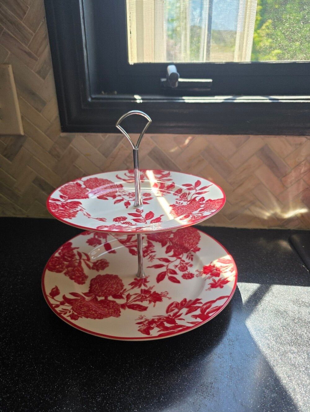 Martha Stewart Red & White Floral Toile Orleans 2-Tiered Server Tray